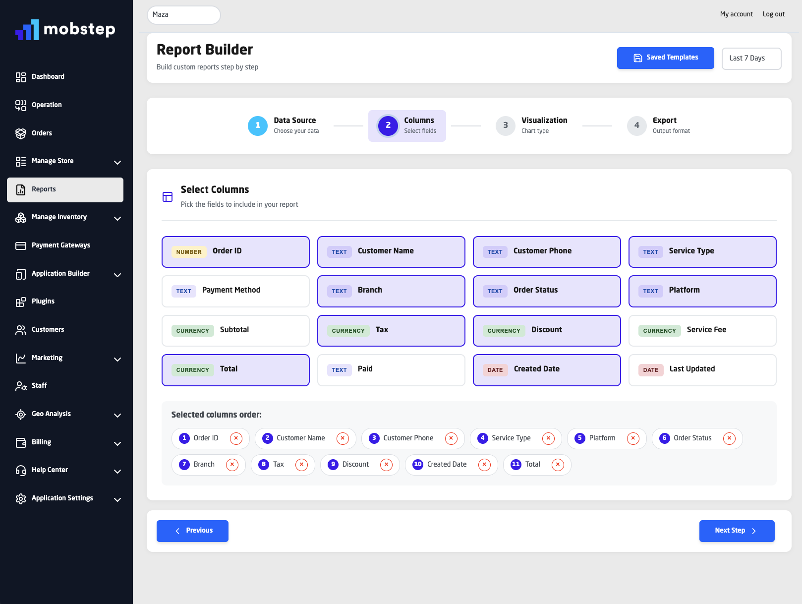 mobstep reports builder select data columns 