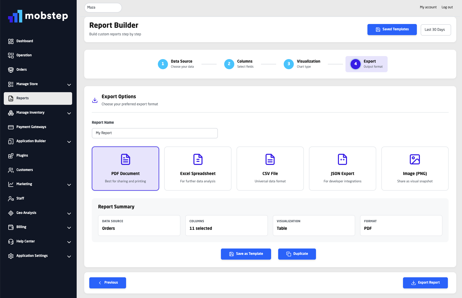 mobstep reports builder export 